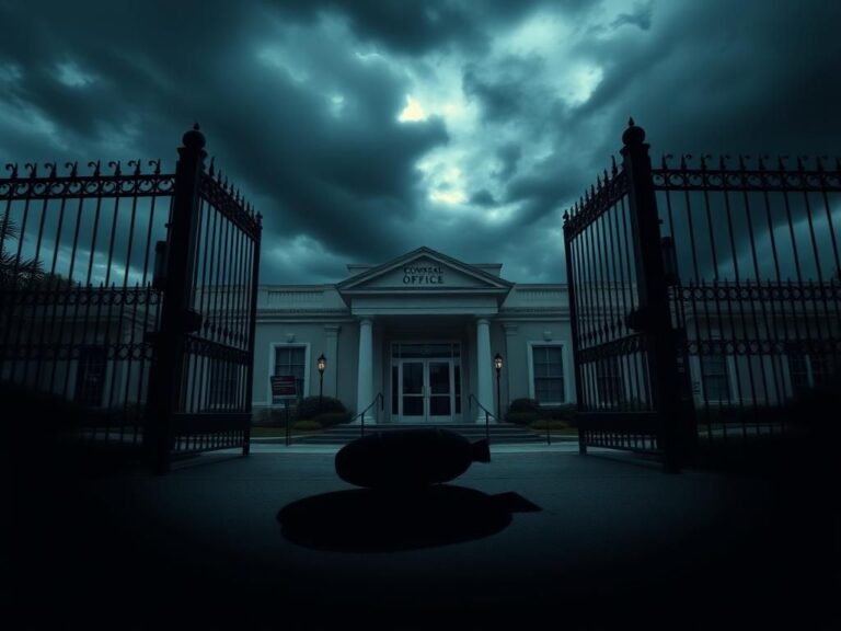 Flick International Dark exterior of a congressional office building in Tampa, Florida, with a shadow resembling a bomb threat.