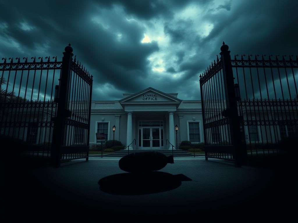 Flick International Dark exterior of a congressional office building in Tampa, Florida, with a shadow resembling a bomb threat.