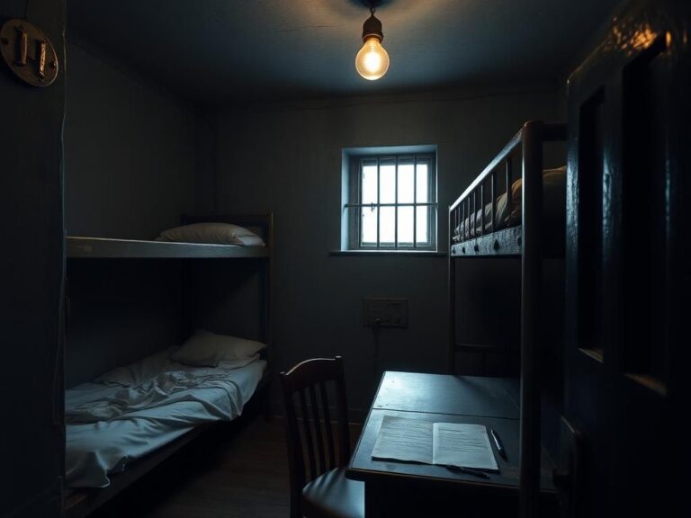 Flick International Dimly lit prison cell with a bunk bed, wooden desk, and flickering light bulb