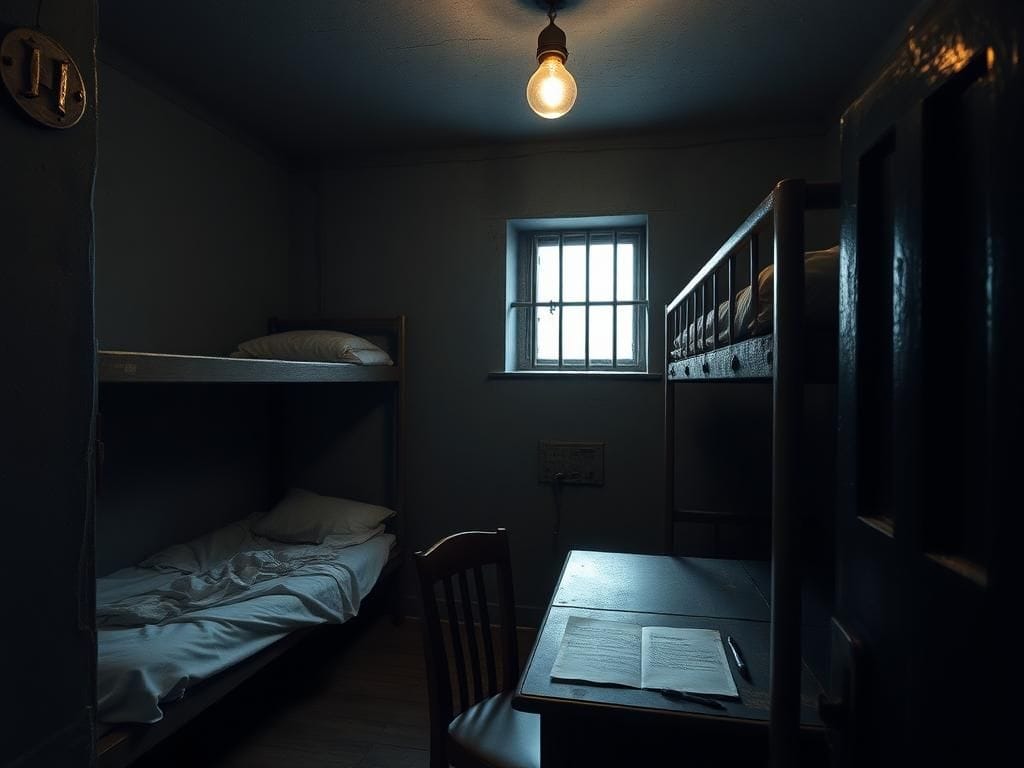 Flick International Dimly lit prison cell with a bunk bed, wooden desk, and flickering light bulb