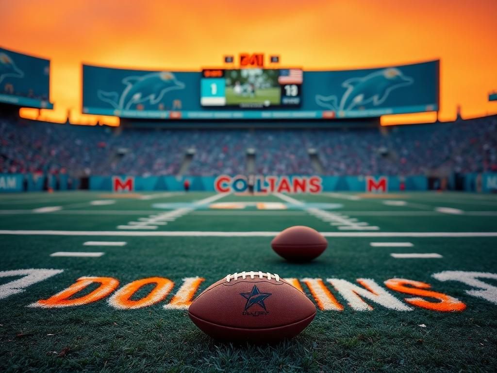 Flick International Miami Dolphins football field with 'DOLPHINS' logo and a scuffed football