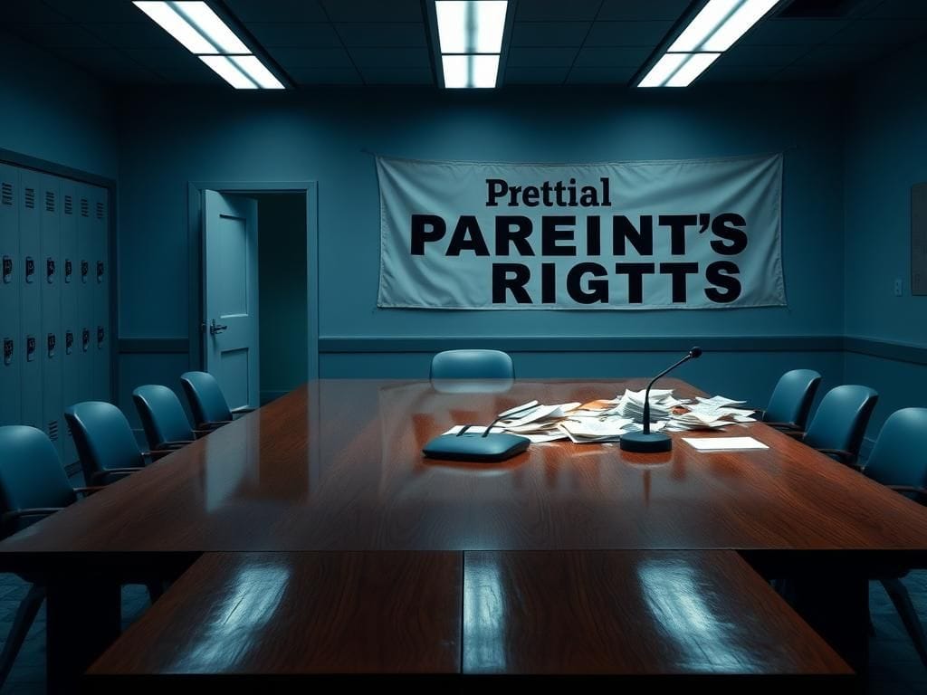 Flick International A split scene of a school board meeting with an unopened locker room door and scattered papers symbolizing heated discussions over privacy