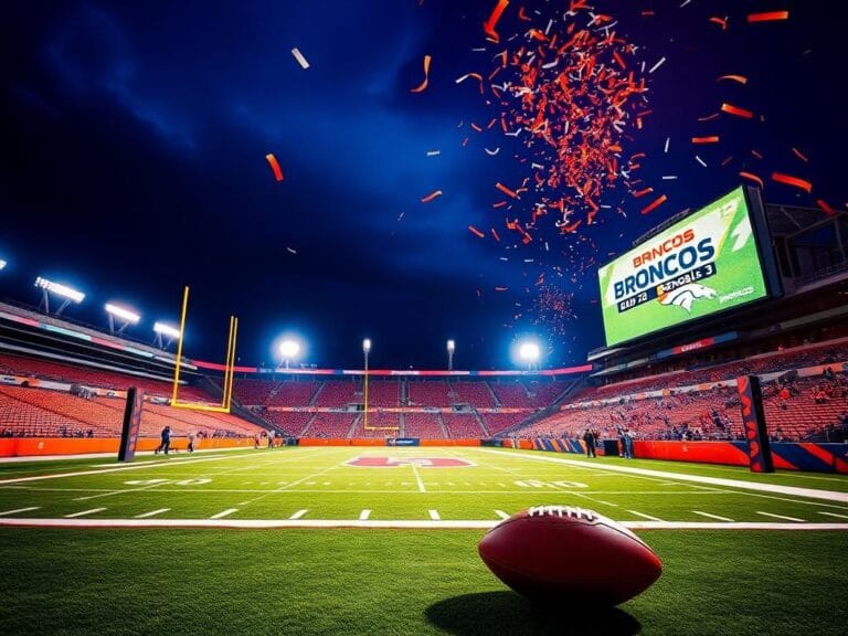 Flick International Empty football stadium showcasing the Denver Broncos' home field under bright night lights with a displayed score of 28-3