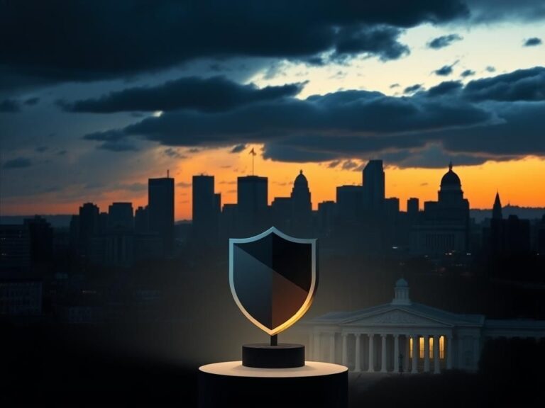 Flick International Cityscape of Minneapolis and St. Paul at dusk with law enforcement symbols