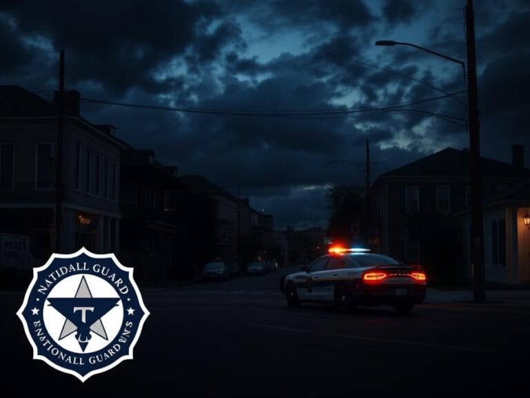 Flick International Somber urban landscape of New Orleans at dusk with a police car and National Guard emblem