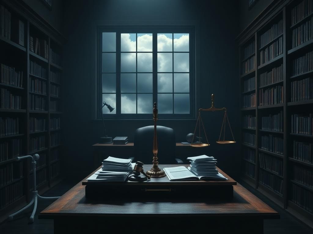 Flick International Tense law office scene symbolizing political retribution and legal battles surrounding Trump and his enemies