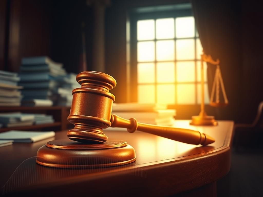 Flick International Dramatic courtroom scene with a large gavel symbolizing justice