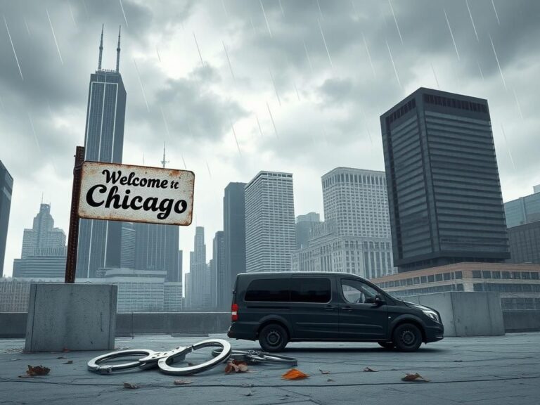 Flick International Urban landscape of downtown Chicago with iconic buildings and a stormy sky