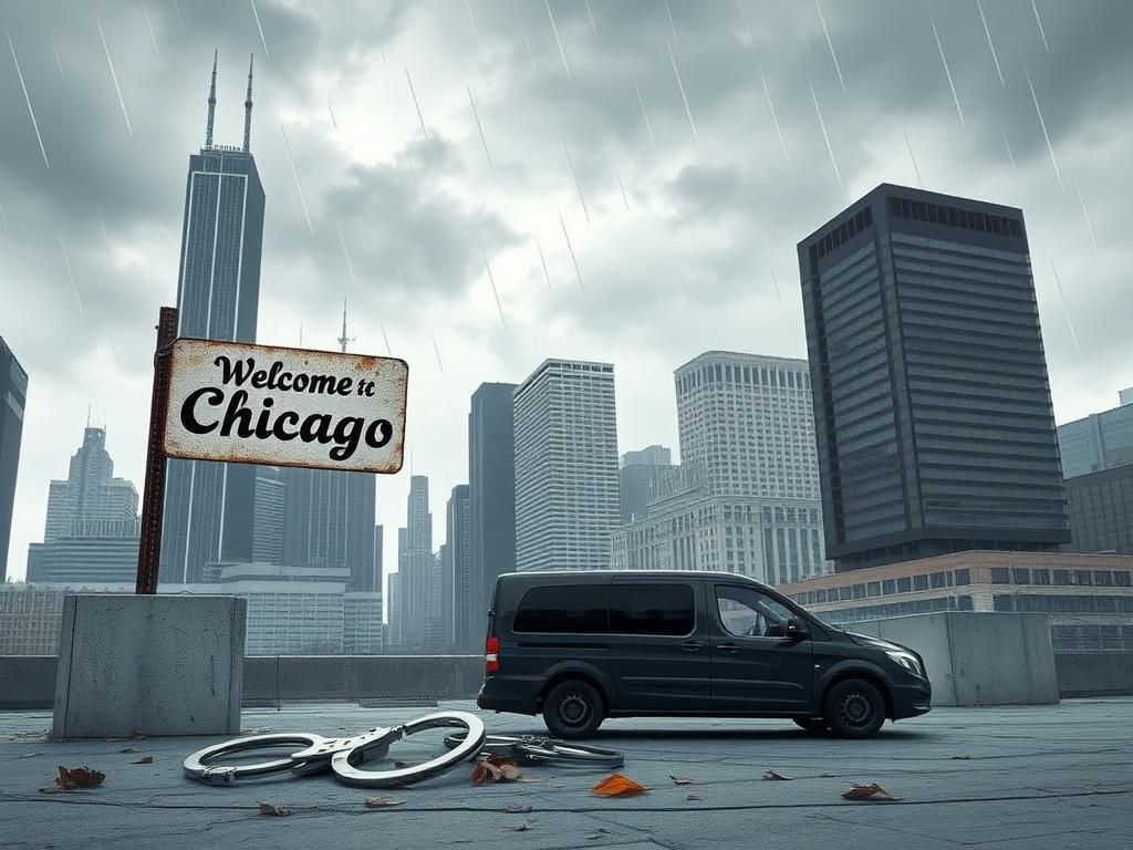 Flick International Urban landscape of downtown Chicago with iconic buildings and a stormy sky