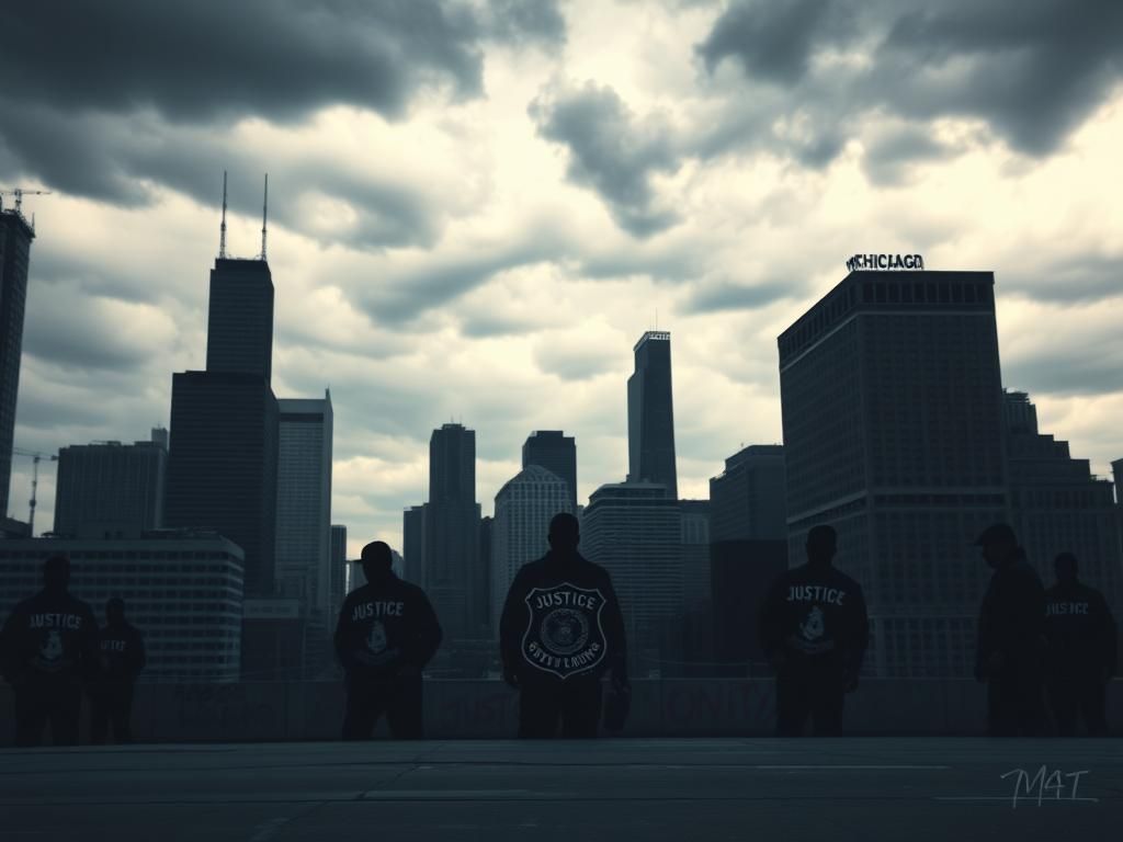 Flick International Shadowy silhouettes of federal agents against the Chicago cityscape