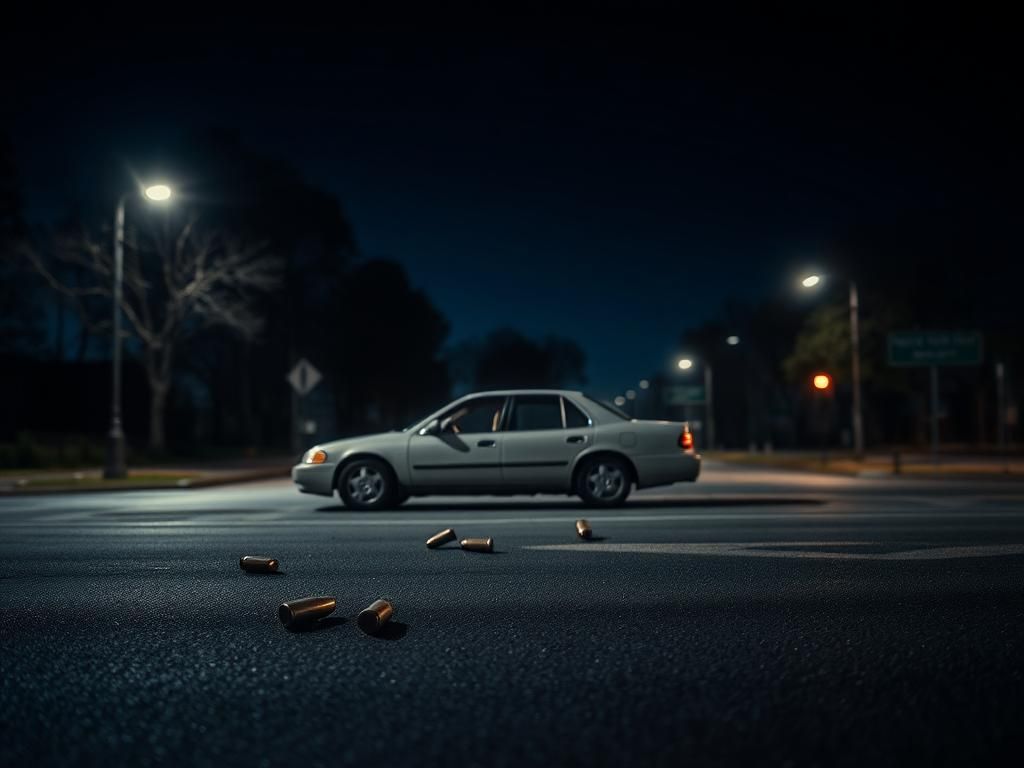 Flick International Abandoned vehicle at a dark intersection with visible shell casings