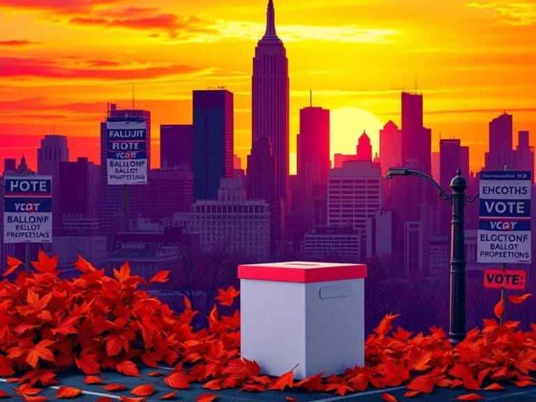 Flick International Vibrant New York City skyline at sunset with a ballot box in the foreground