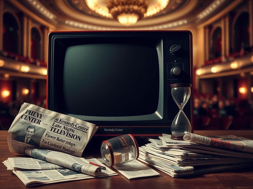 Flick International Vintage television set surrounded by newspapers and magazines about late-night television ratings