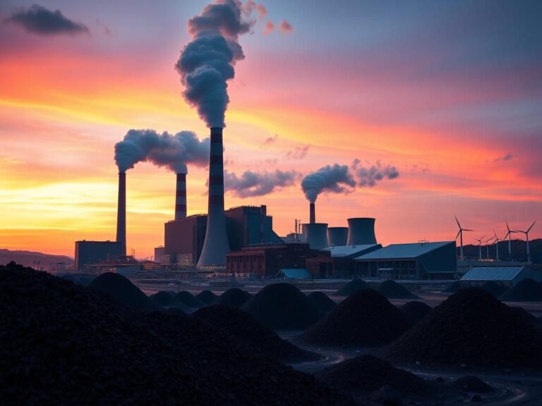 Flick International Majestic coal plant against a twilight sky with steam and smoke rising from stacks