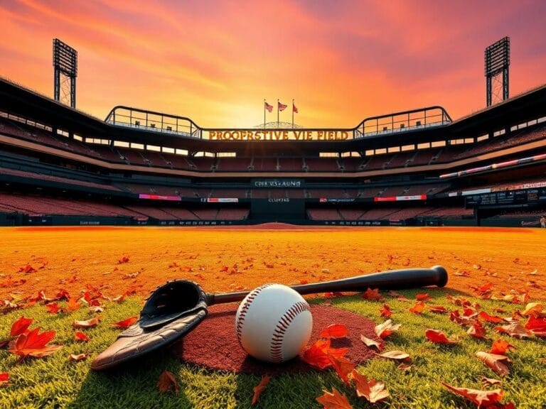 Flick International Autumn scene at Progressive Field with baseball diamond and fallen leaves
