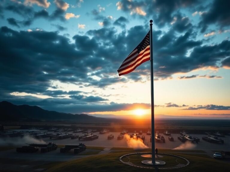 Flick International A large American flag flying on a flagpole at dusk, surrounded by military vehicles and aircraft at a sprawling base
