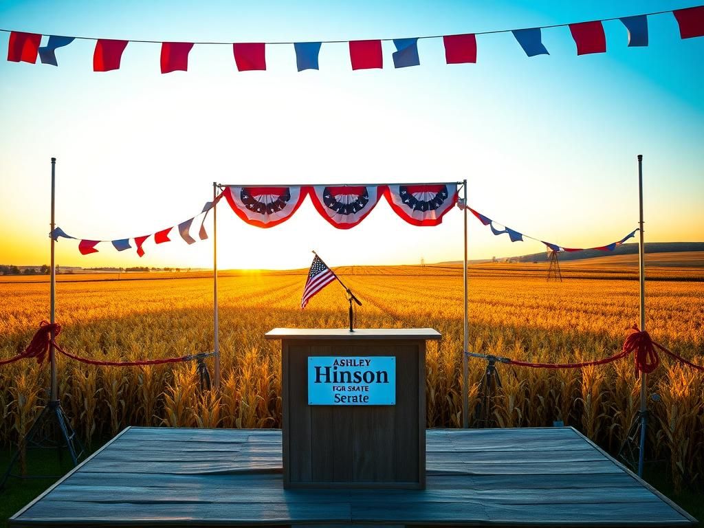 Flick International Large empty campaign rally stage ready for Ashley Hinson's Senate bid in Iowa