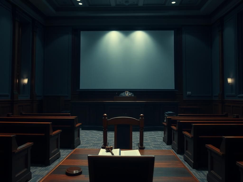 Flick International Dimly lit empty courtroom representing absence in Charlie Kirk's assassination case