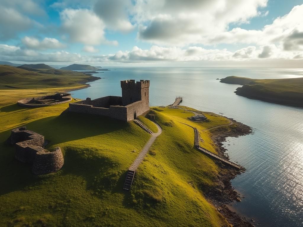 Flick International Aerial view of the newly discovered medieval castle on Islay island, Scotland