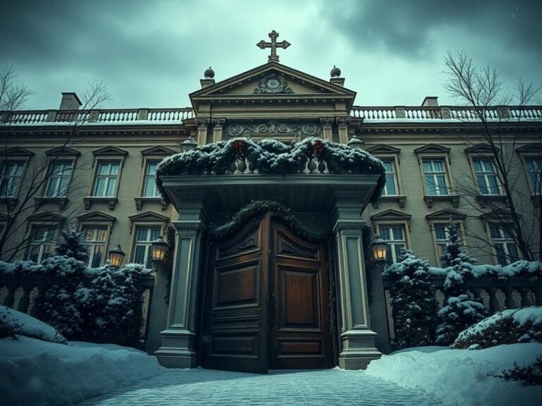 Flick International Grand palace adorned with Christmas decorations amidst falling snow