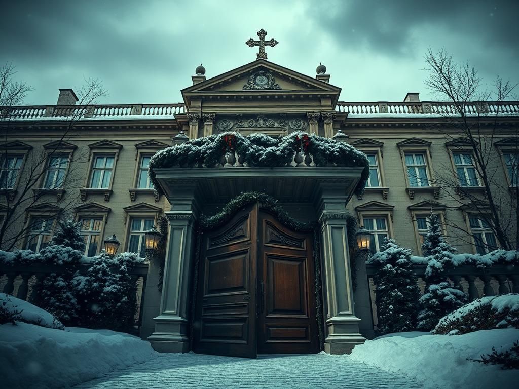 Flick International Grand palace adorned with Christmas decorations amidst falling snow