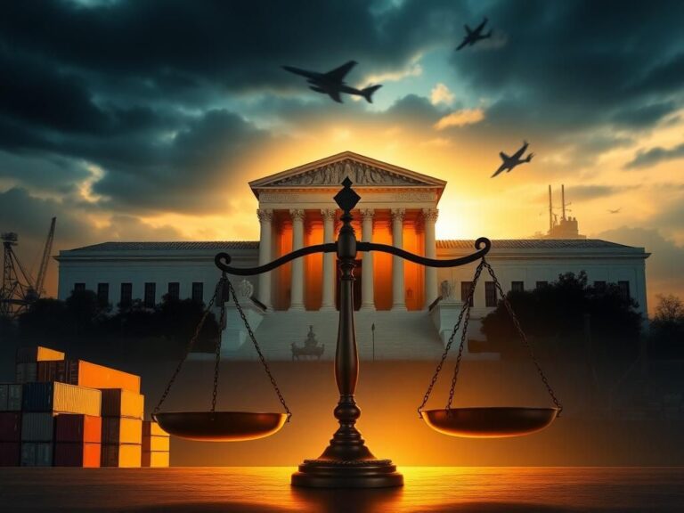 Flick International Supreme Court building at dawn with scales of justice balancing trade tariffs and national security symbols.