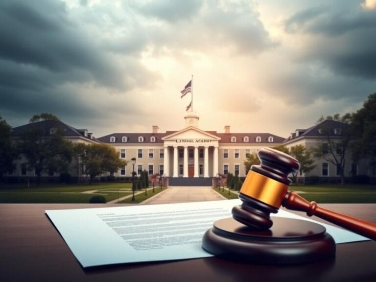 Flick International Symbolic representation of the U.S. Naval Academy with iconic buildings and a gavel signifying justice