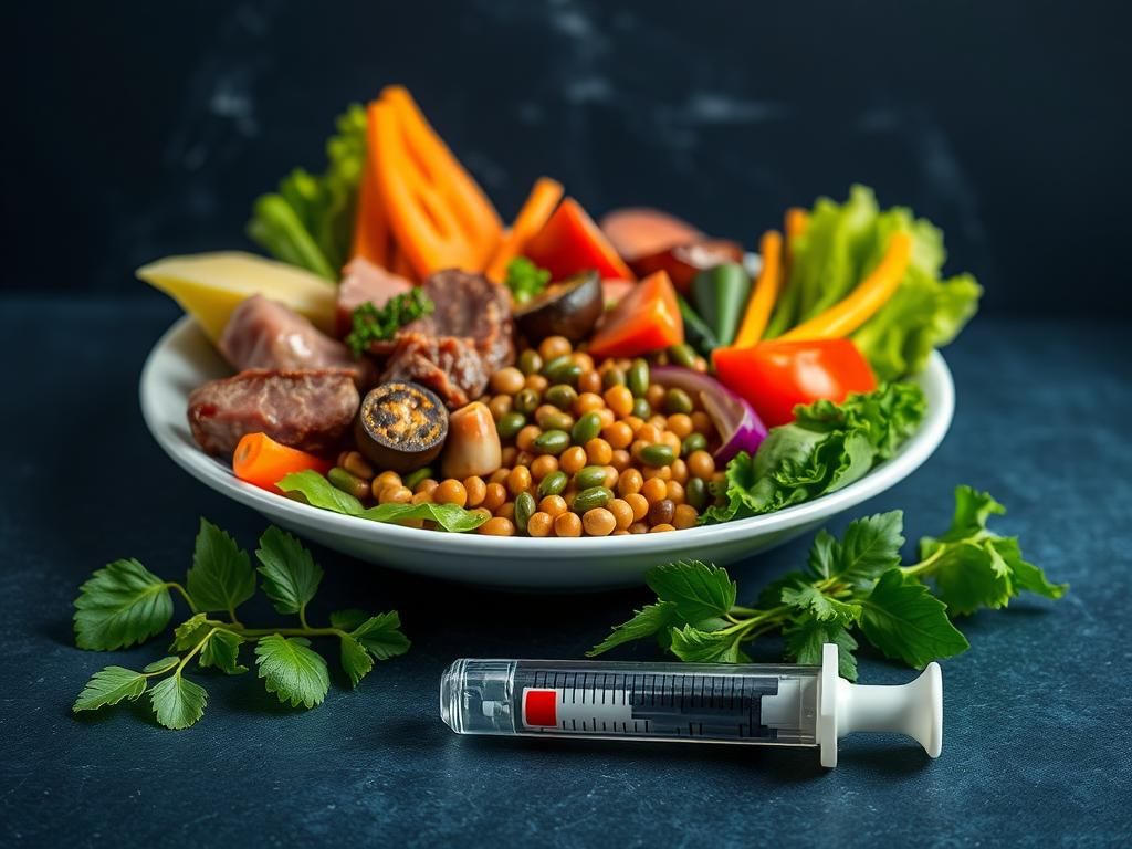Flick International Abstract representation of type 5 diabetes with a vibrant plate of nutritious food and insulin syringe