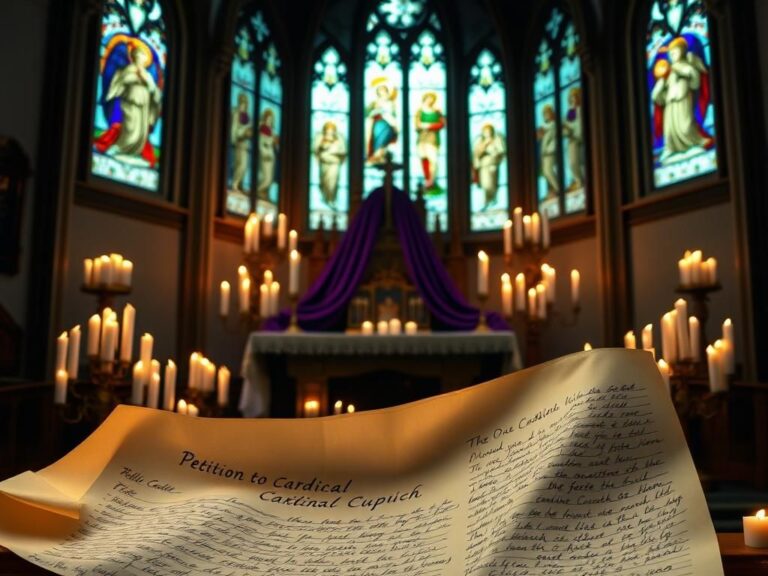 Flick International Solemn church interior with altar, candles, and petition for Cardinal Cupich