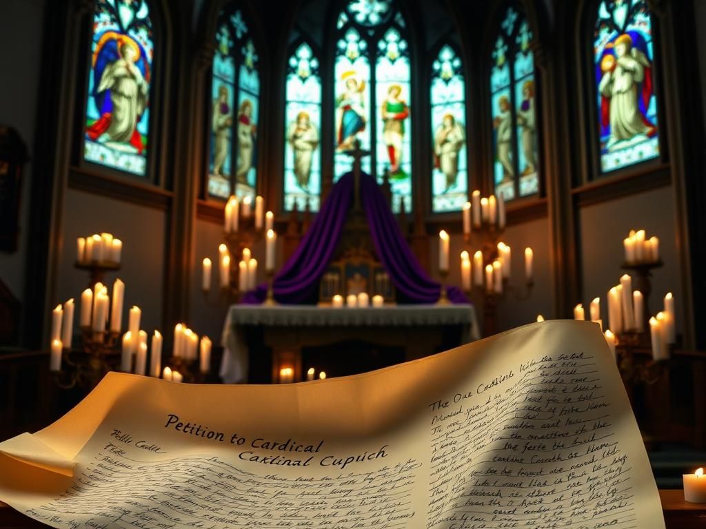 Flick International Solemn church interior with altar, candles, and petition for Cardinal Cupich