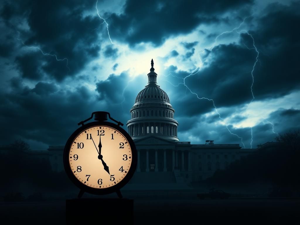 Flick International A dramatic depiction of a government building shrouded in shadows with a clock striking midnight