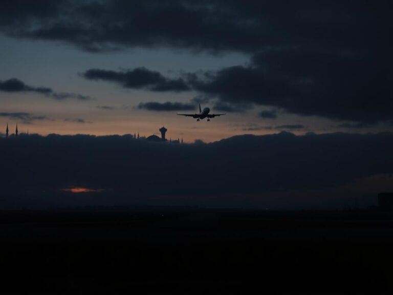 Flick International Silhouette of an airplane taking off against a backdrop of dark clouds symbolizing tension and uncertainty