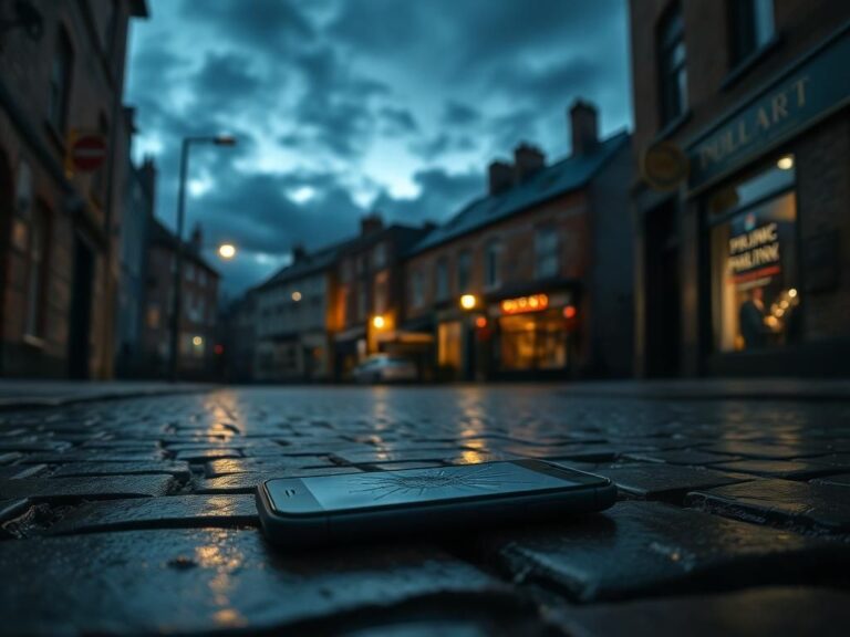 Flick International A dimly lit alley in Dublin with a discarded cracked smartphone on cobblestone streets