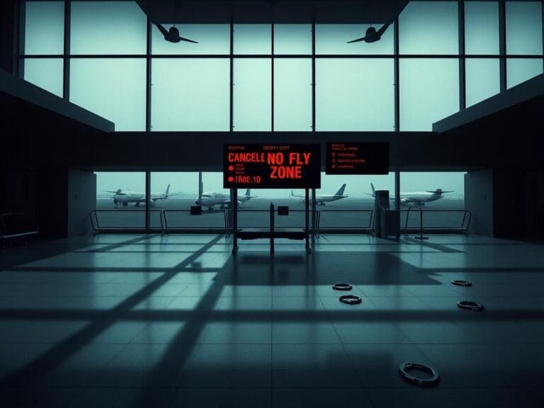 Flick International A somber airport terminal scene with a 'No Fly Zone' sign and canceled flight board