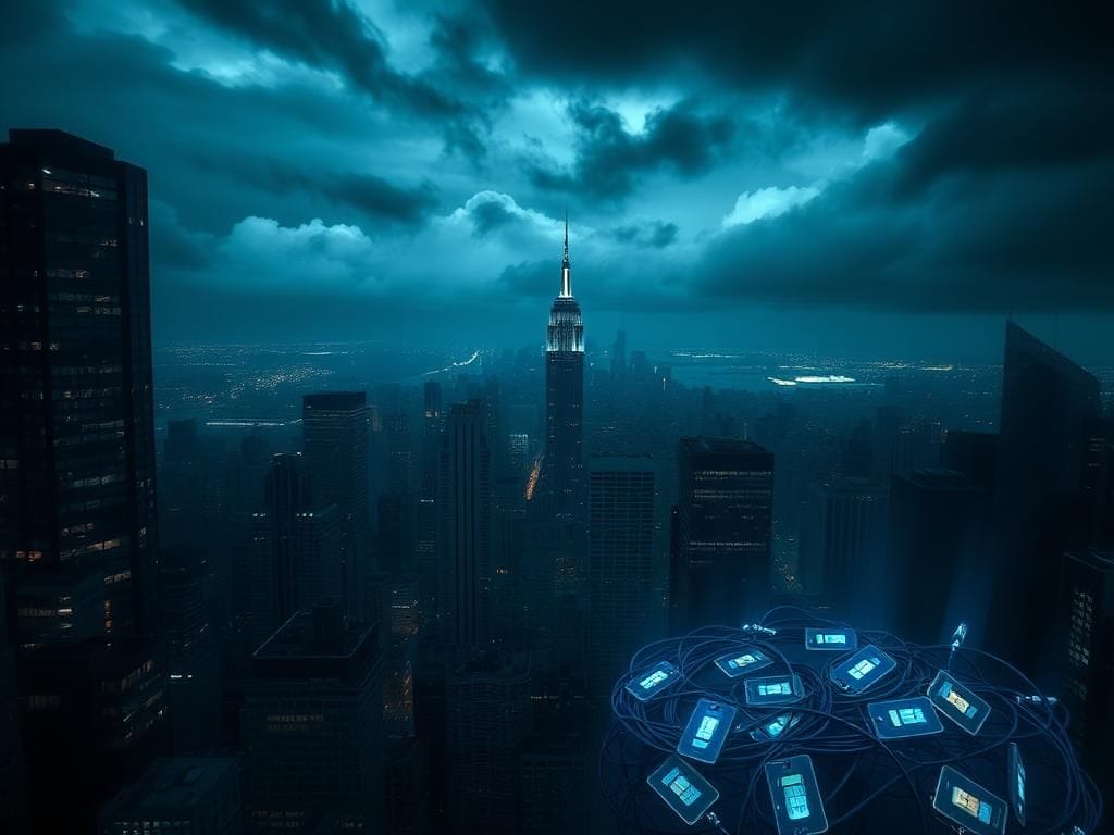 Flick International Darkened urban landscape of New York City at night illuminated by a concealed telecommunications facility