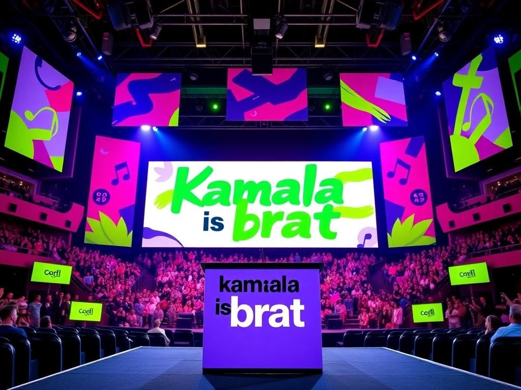 Flick International A vibrant campaign rally scene with an empty podium and colorful artistic banners reflecting Kamala Harris's 2024 campaign.