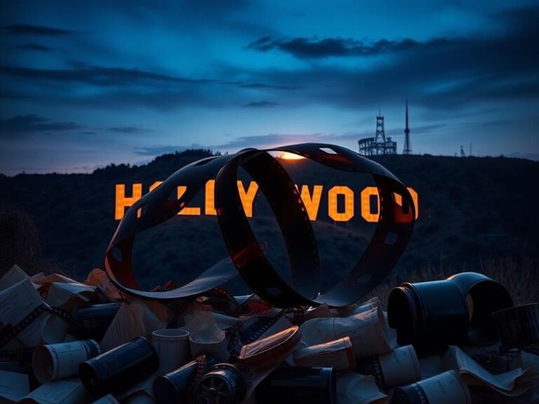 Flick International A fractured film reel unwinding across a barren Hollywood sign at twilight