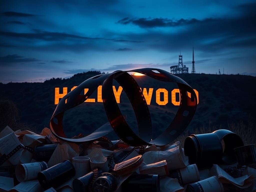 Flick International A fractured film reel unwinding across a barren Hollywood sign at twilight