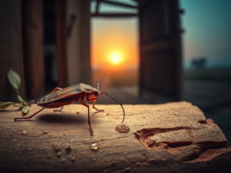 Flick International Close-up of a triatomine bug, also known as a kissing bug, resting on a textured surface resembling tree bark