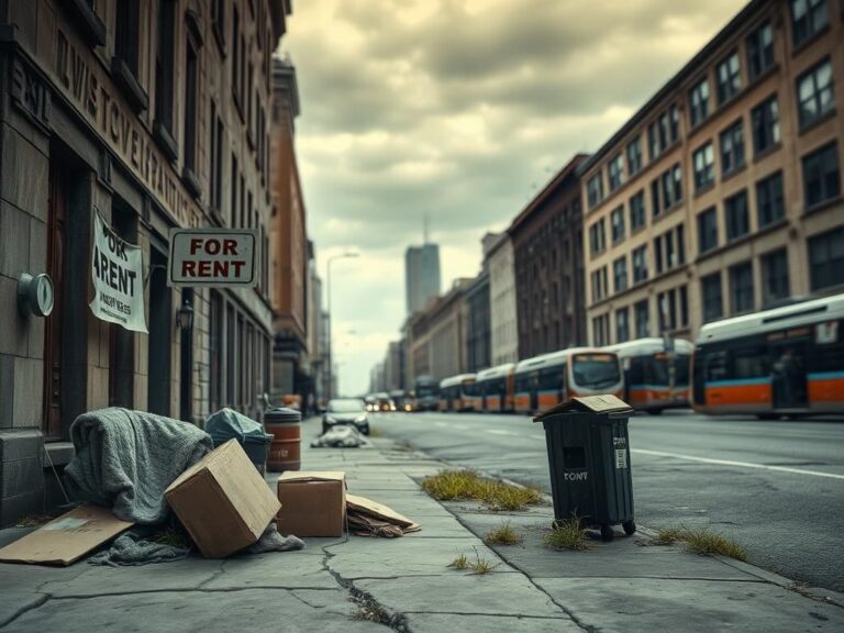 Flick International deserted city street highlighting the threat of homelessness with cardboard boxes and dilapidated buildings