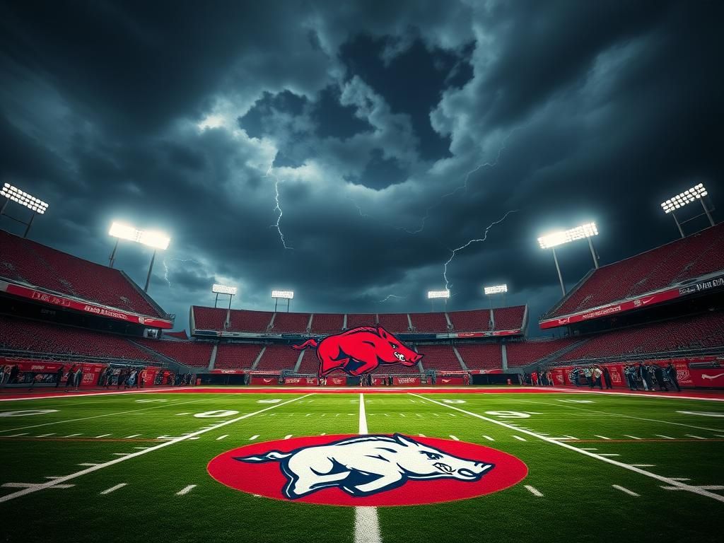 Flick International Dramatic college football field with Arkansas Razorbacks logo under bright floodlights