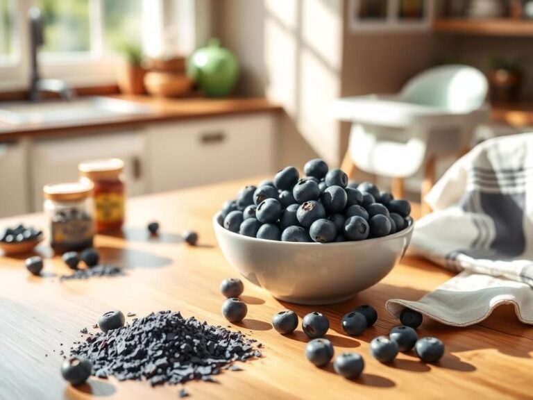 Flick International Bowl of fresh blueberries surrounded by freeze-dried blueberry powder in a warm kitchen setting