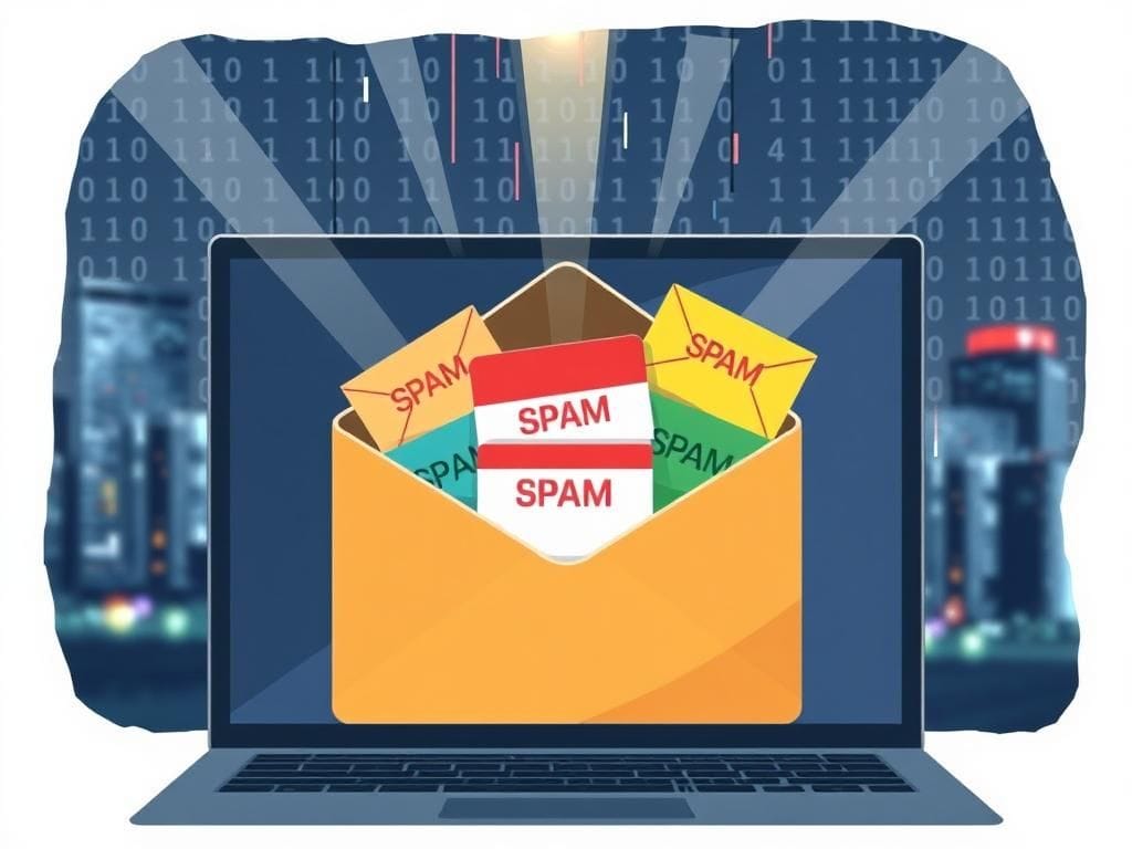 Flick International Digital illustration of an email inbox filled with colorful spam envelopes