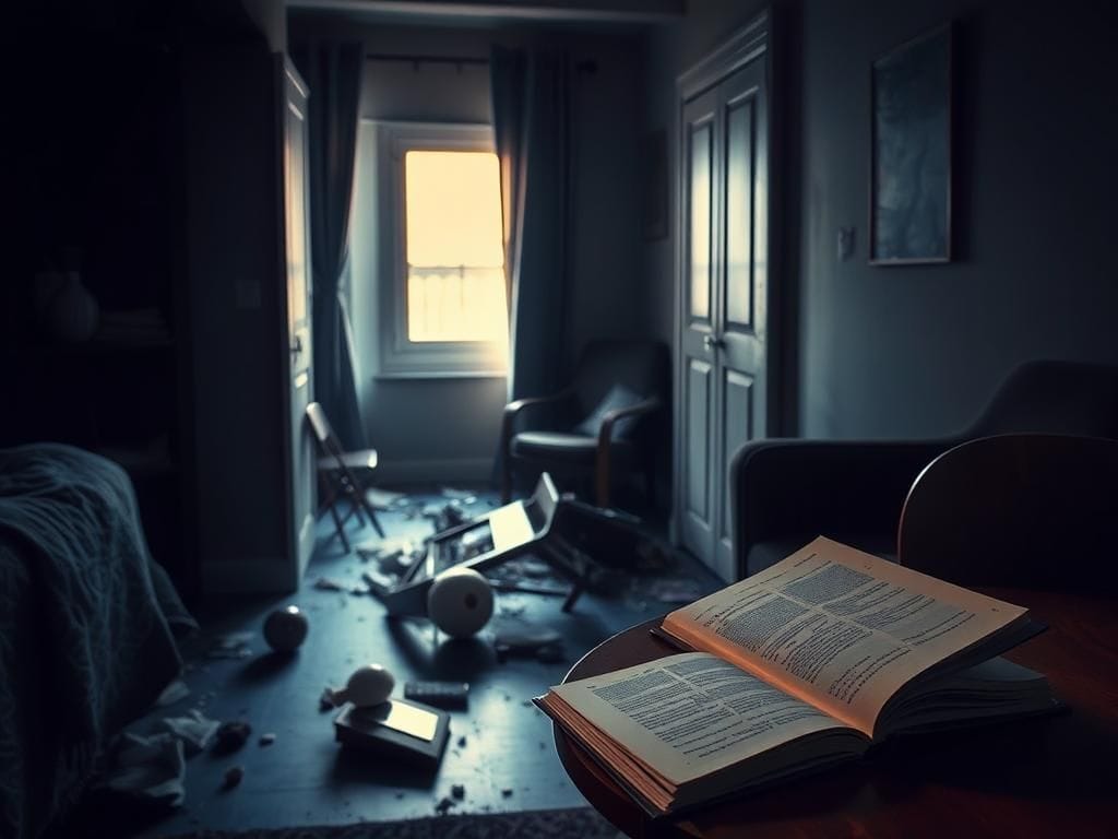 Flick International Dimly lit apartment interior showcasing remnants of a chaotic confrontation