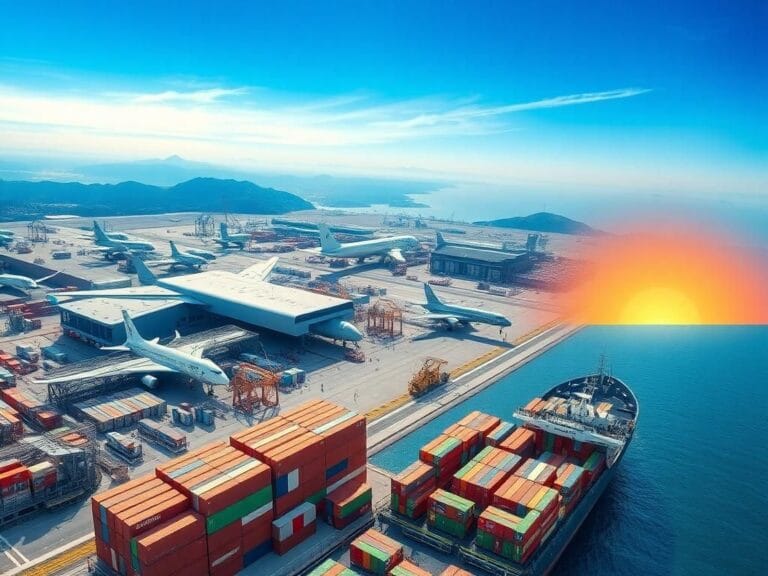 Flick International Aerial view of a modern aerospace and defense facility with aircraft and a cargo ship at port