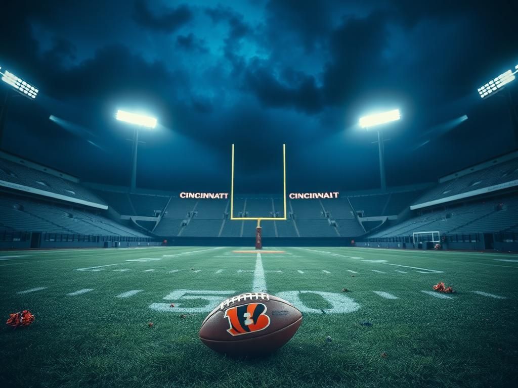 Flick International Empty football stadium at night with a single abandoned football on the grass