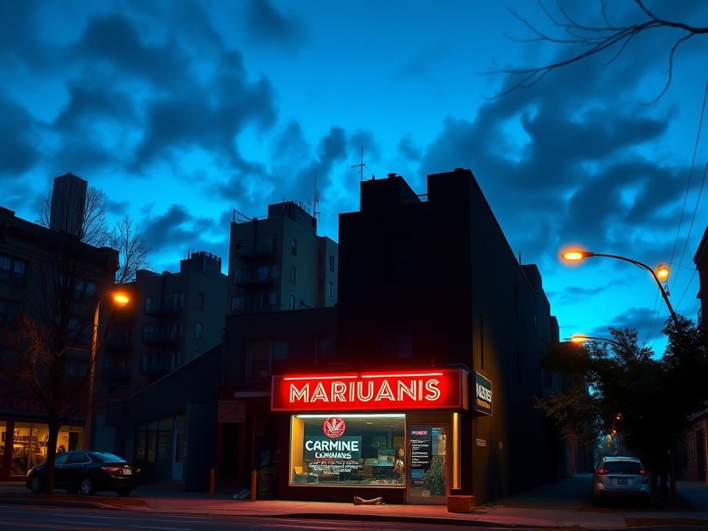 Flick International Twilight cityscape with a dimly lit marijuana dispensary and its neon sign