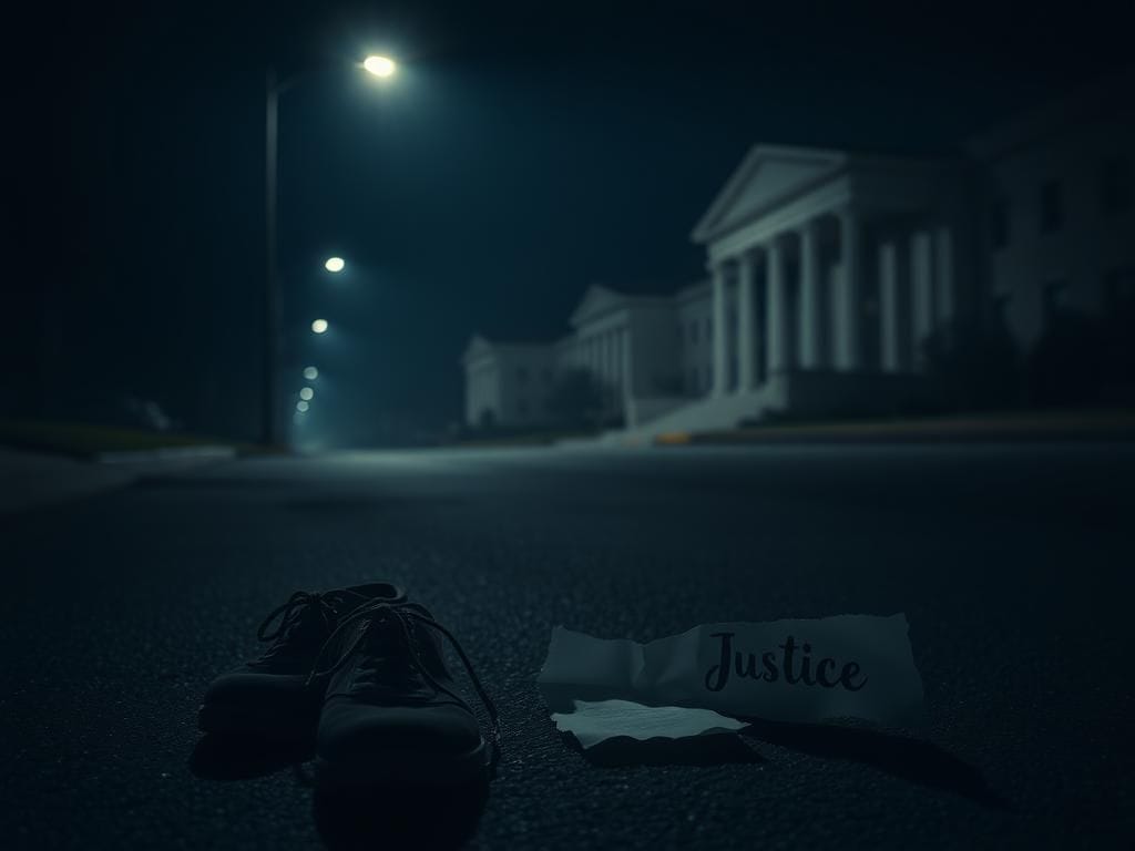 Flick International Abandoned shoes and a 'Justice' note symbolize loss on a darkened street in North Carolina