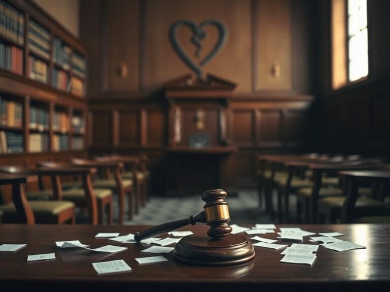 Flick International Dimly lit courtroom with a gavel and empty witness chairs symbolizing a call for justice