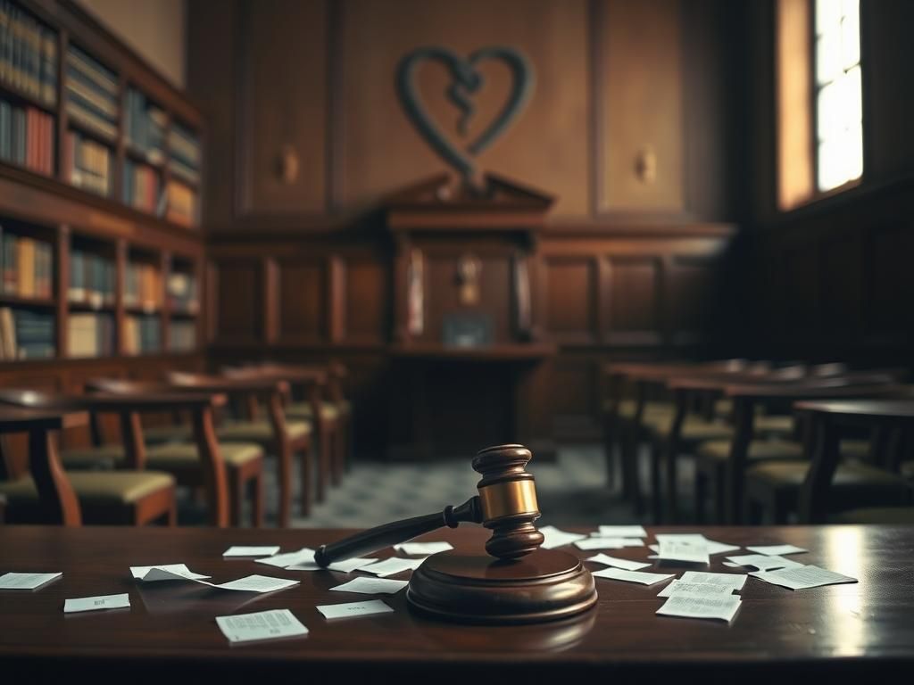 Flick International Dimly lit courtroom with a gavel and empty witness chairs symbolizing a call for justice